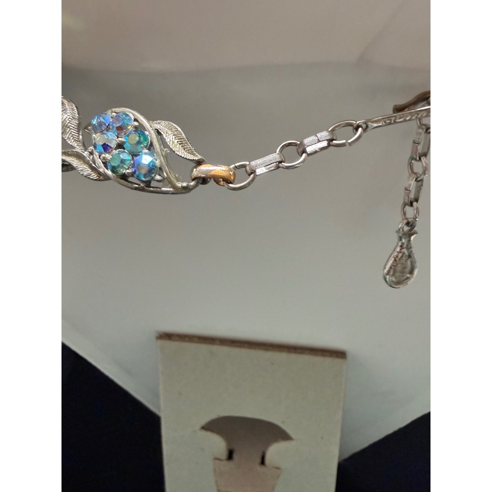 Vintage Coro Aurora Borealis Rhinestone Leaf Choker Necklace Silver Tone Blue - Picture 6 of 6